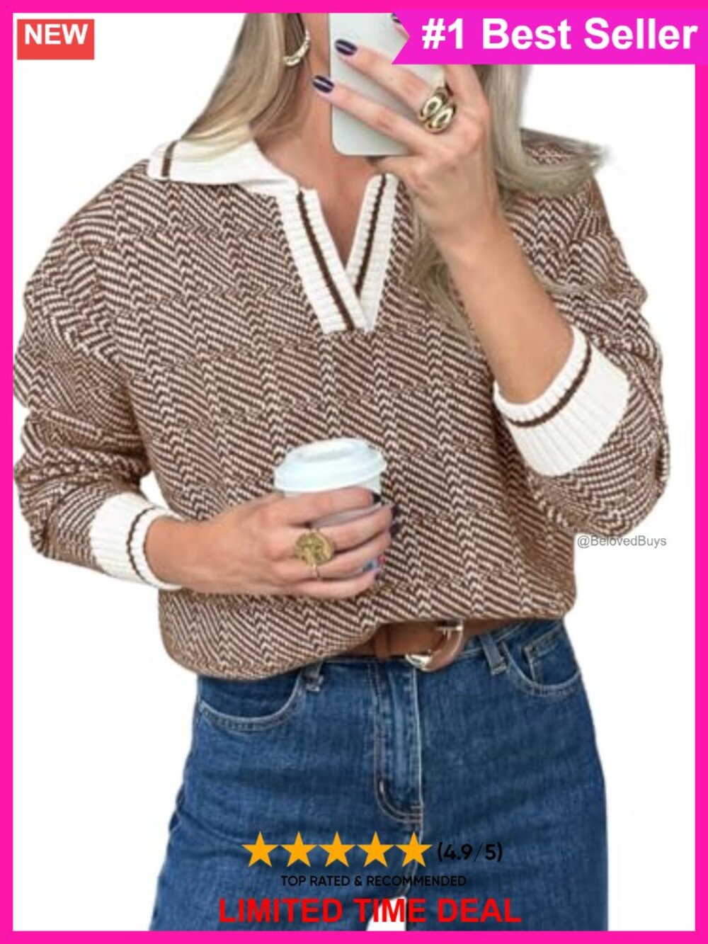 Womens Chunky Knit V-Neck Collared Pullover Sweater Long Sleeve